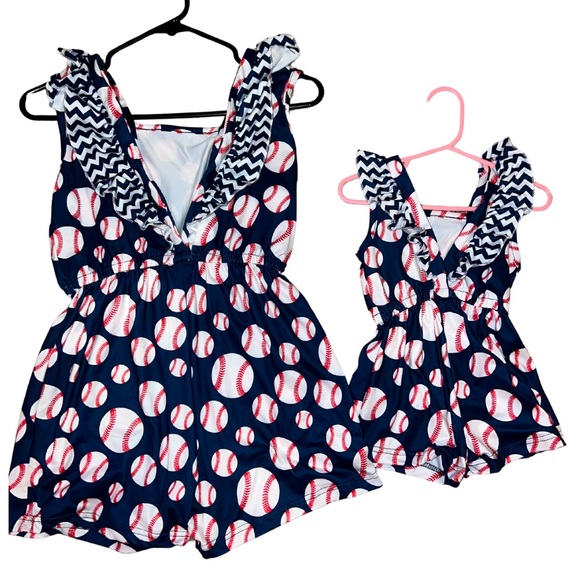 Short Rompers | Mommy & Me Matching Set | Baseballs on dark blue background - Picture 2 of 4